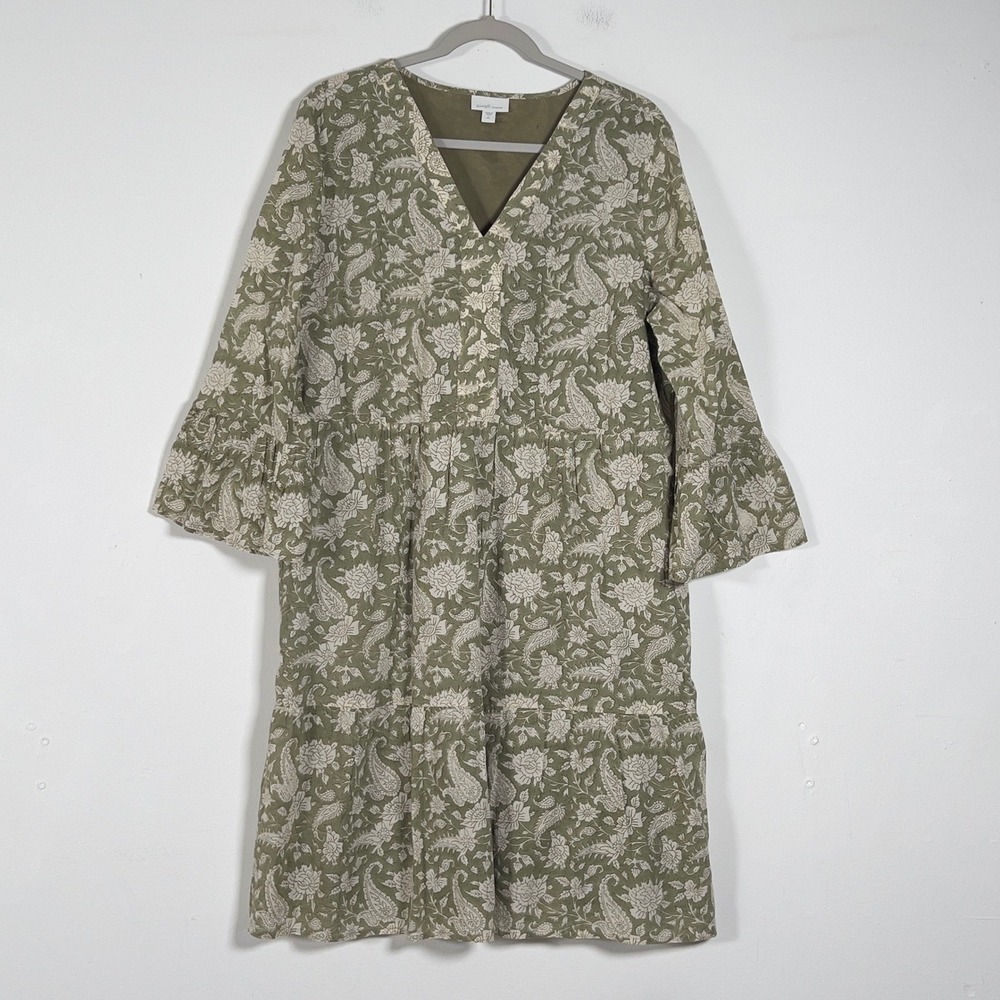 Pure Jill Elements V-Neck Tiered Dress Women Sz L Tall Green Floral Bell Sleeve